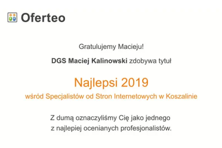 NAJLEPSI 2019 wśród Specjalistów od Stron Internetowych w Koszalinie w serwisie Oferteo